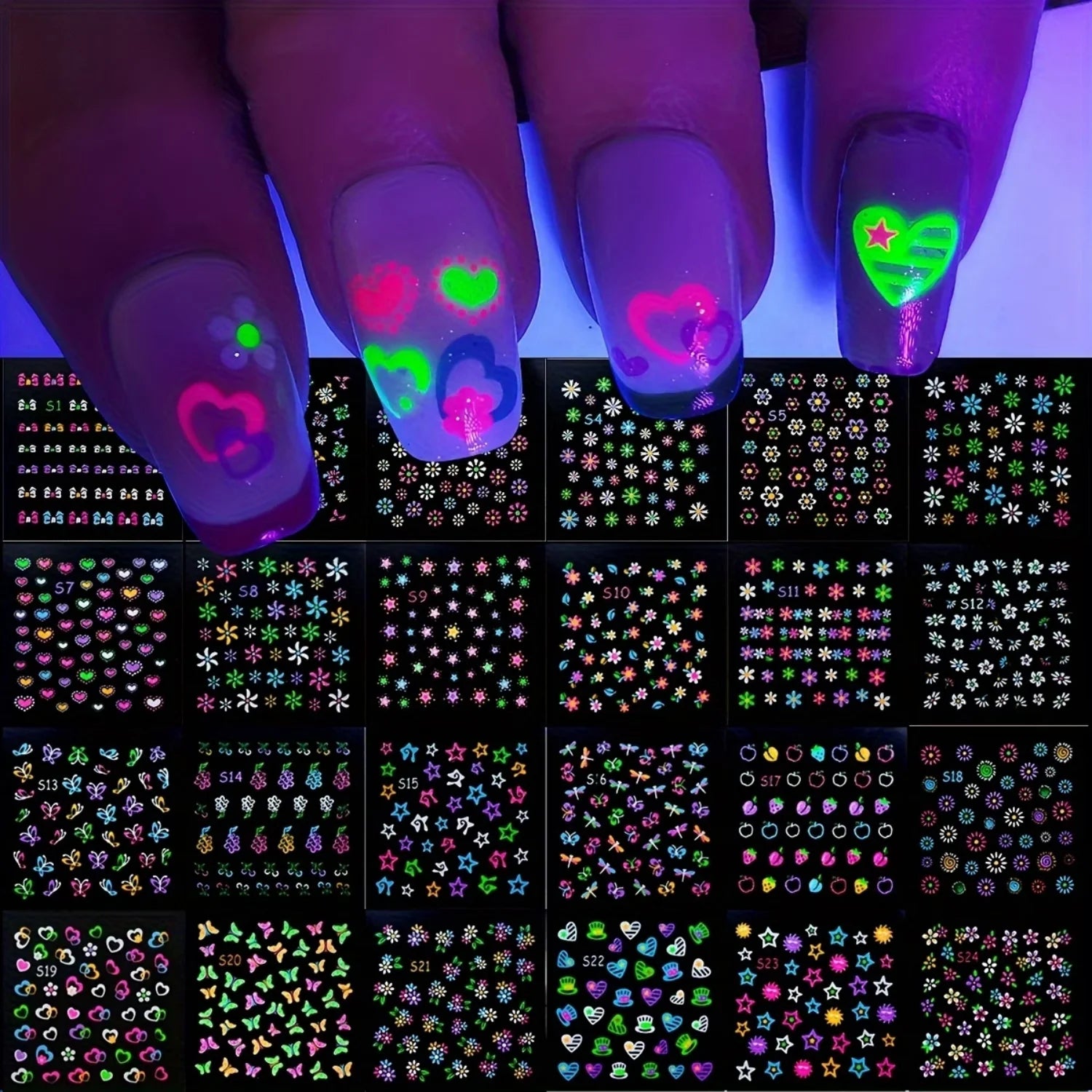 30pcs of 3D Glow-in-the-dark Neon Nail Stickers