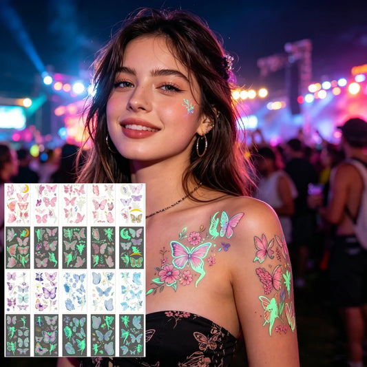 10pcs Glow-in-the-Dark Temporary Tattoos | Butterfly & Floral Stickers for Festivals & Parties