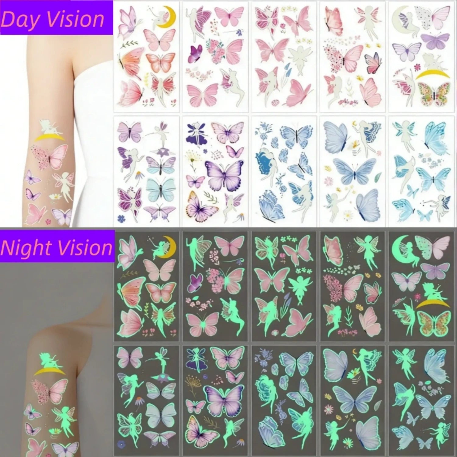 10pcs Glow-in-the-Dark Temporary Tattoos | Butterfly & Floral Stickers for Festivals & Parties