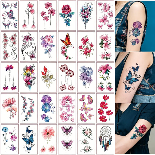 30pcs Trendy Floral Tattoo Sets, safe exquisite small temporary tattoos to elevate party vibes festival outfits and everyday subtle body aesthetics
