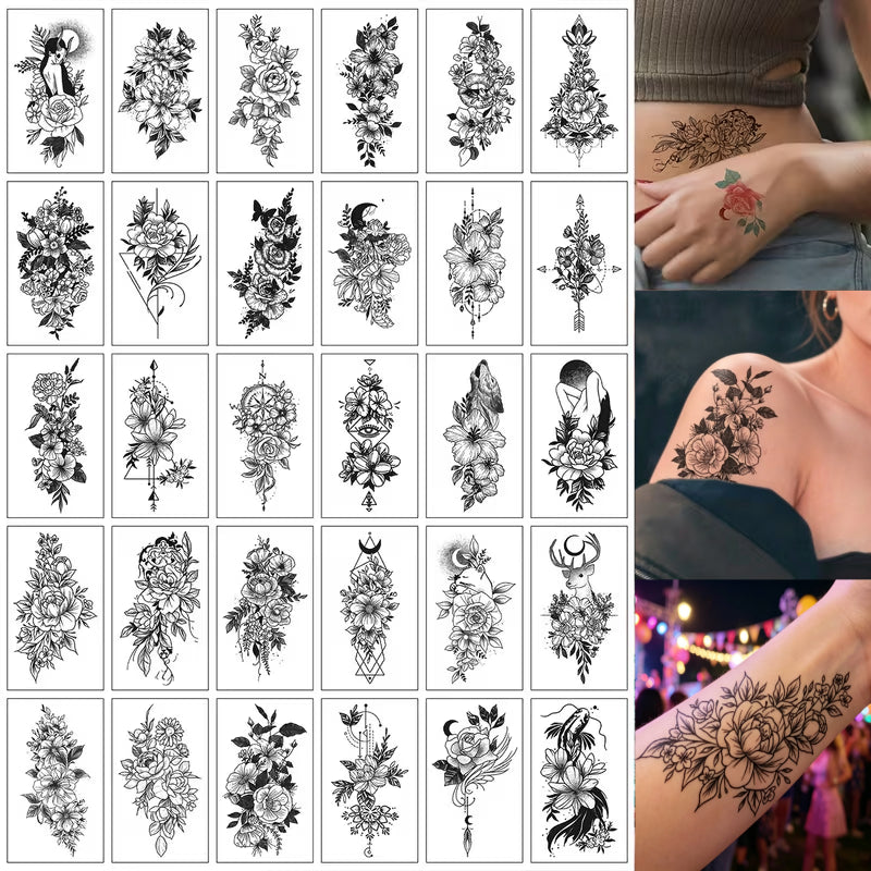 30Pcs Black Floral Temporary Tattoos | Small Waterproof for Girls, Daily & Party, 2–5 Days Long Lasting