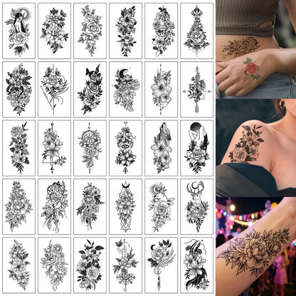 【Dark Lady Party】30Pcs Black Floral Waterproof Girls Tattoos