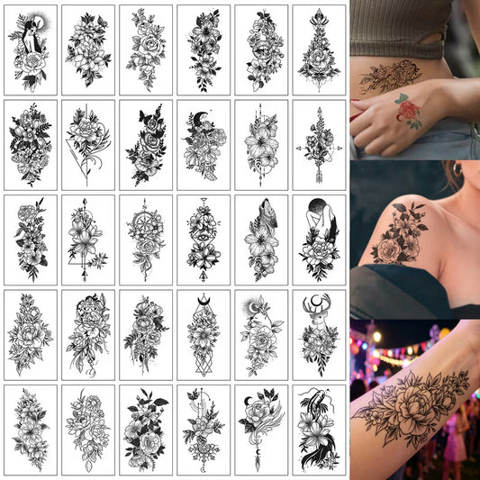 30Pcs Black Floral Temporary Tattoos | Small Waterproof for Girls, Daily & Party, 2–5 Days Long Lasting