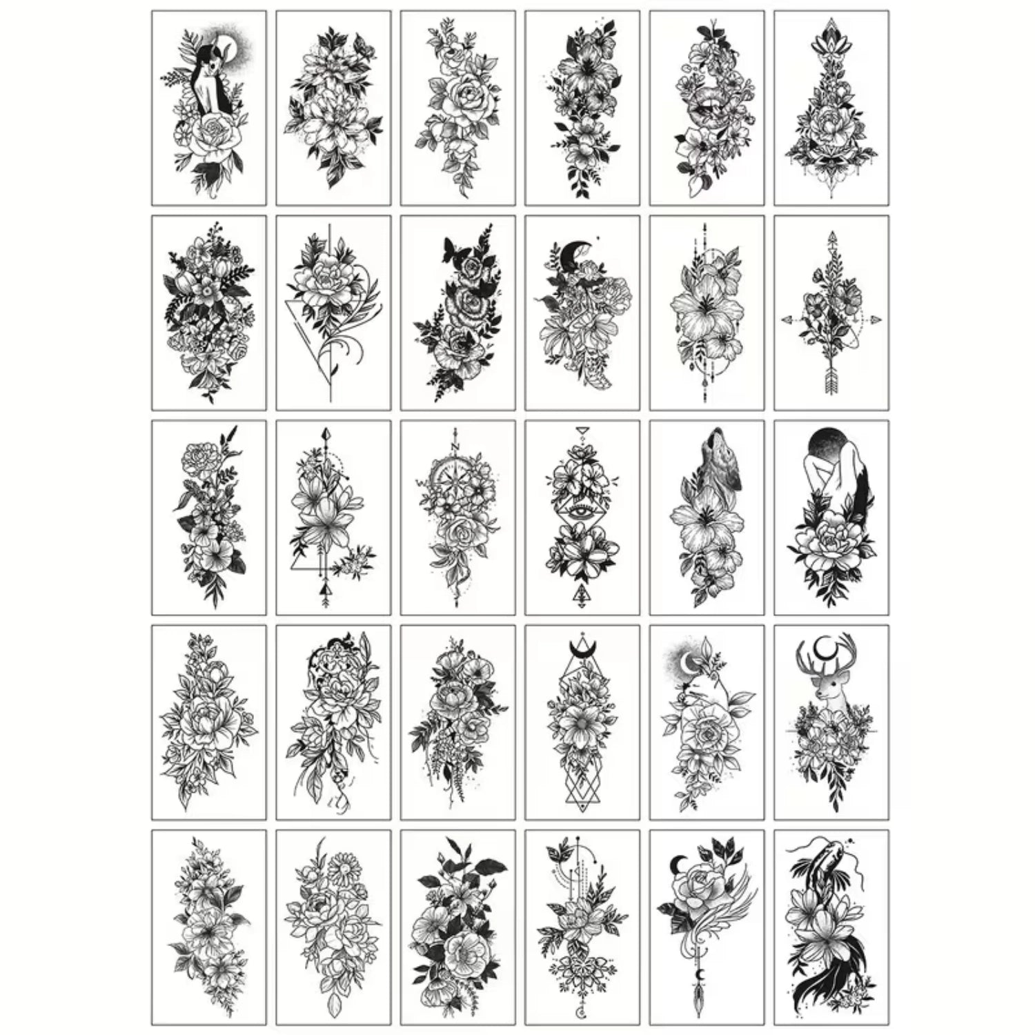 30Pcs Black Floral Temporary Tattoos | Small Waterproof for Girls, Daily & Party, 2–5 Days Long Lasting