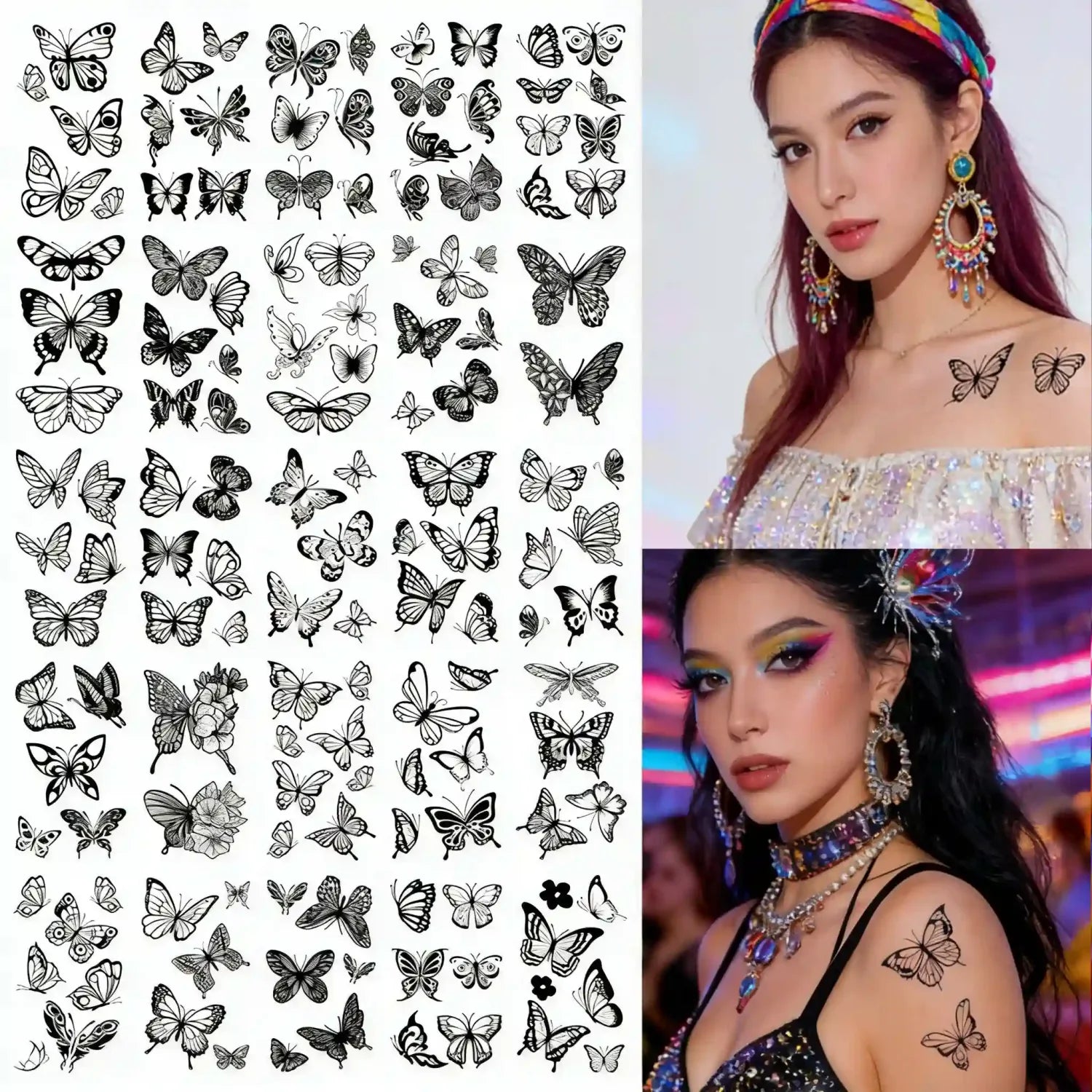 30 Sheets 163pcs Black Butterfly Temporary Tattoos | Waterproof Body Art for Everyday & Party Use