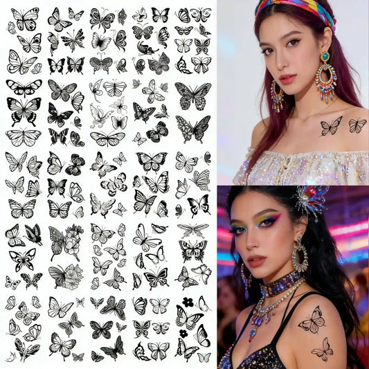 30 Sheets 163pcs Black Butterfly Temporary Tattoos | Waterproof Body Art for Everyday & Party Use