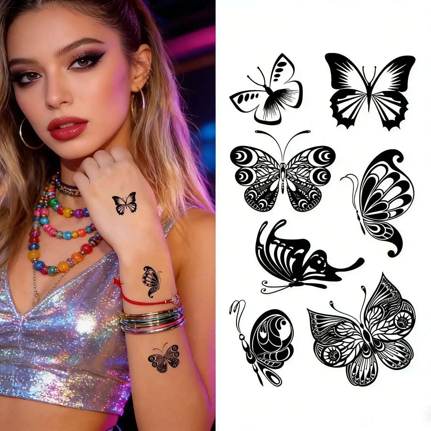 30 temporary tattoo stickers with 163 black butterfly designs