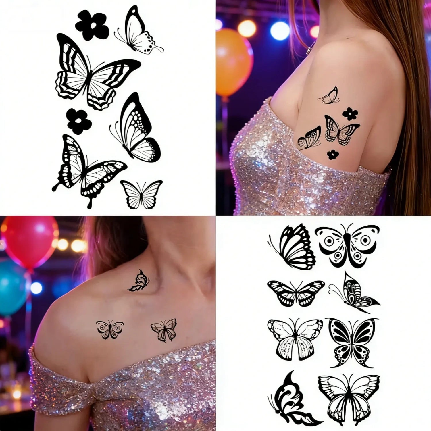 30 Sheets 163pcs Black Butterfly Temporary Tattoos | Waterproof Body Art for Everyday & Party Use