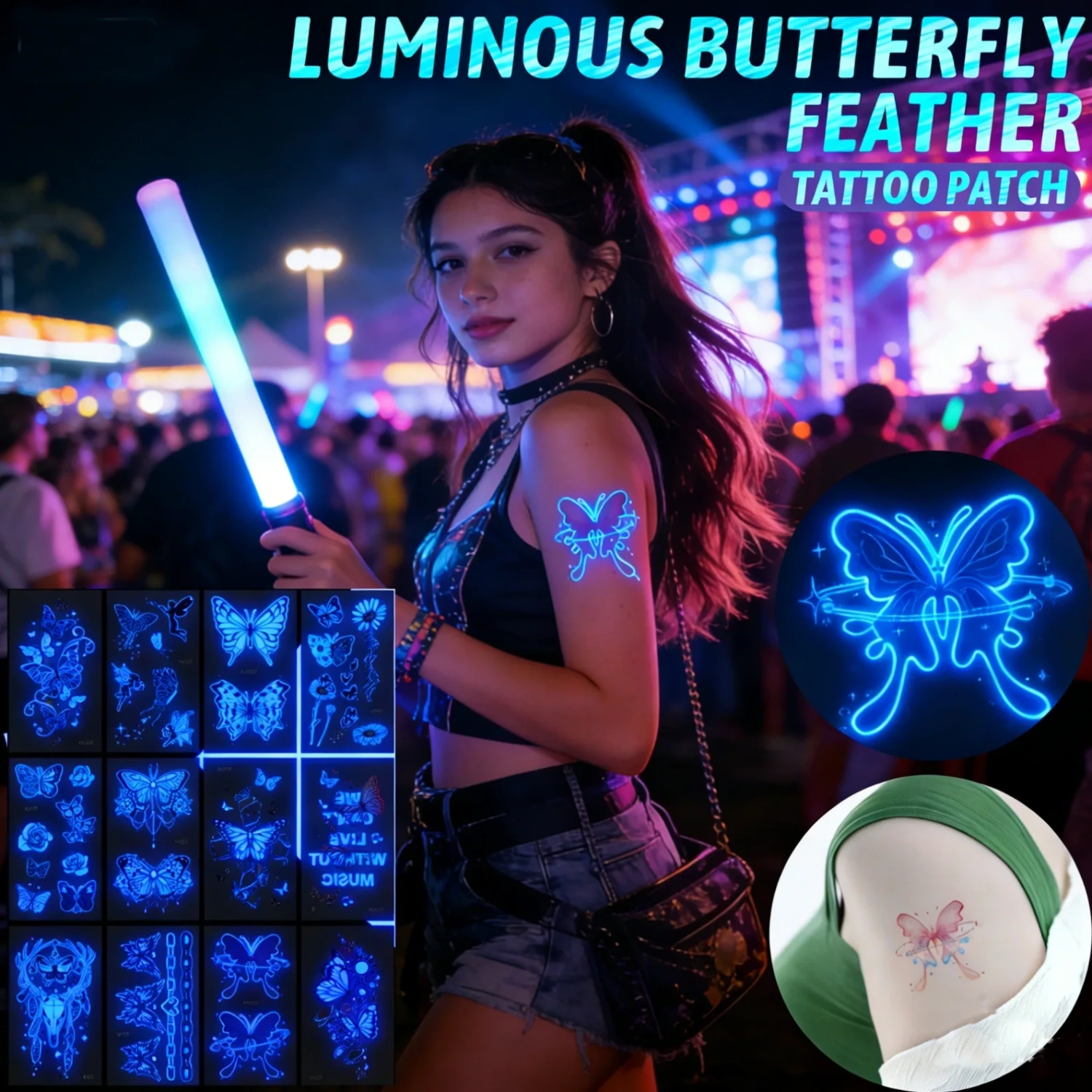 12 Sheets Glow-in-the-Dark Temporary Tattoos | Waterproof Butterfly & Floral Stickers for Festivals