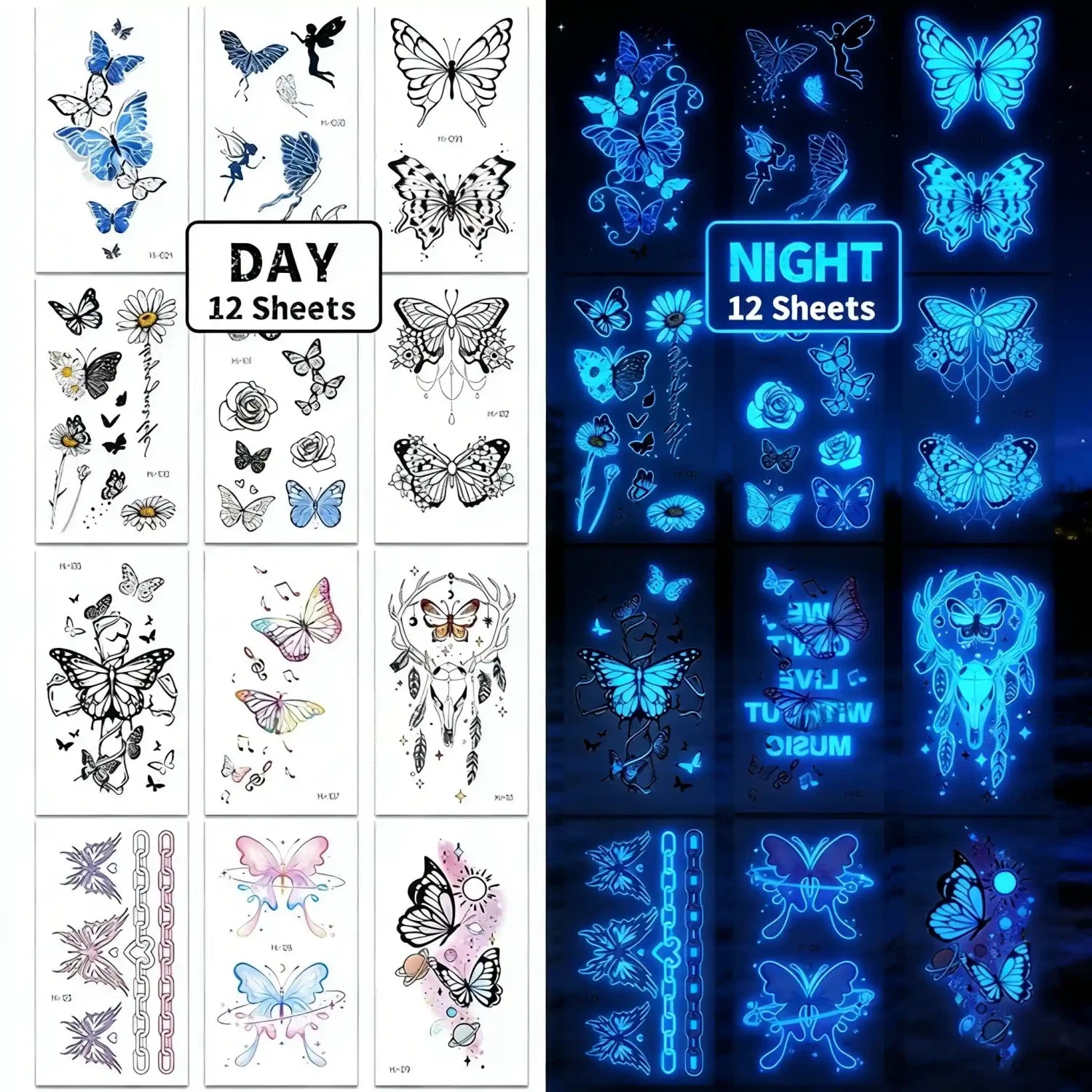 12 Sheets Glow-in-the-Dark Temporary Tattoos | Waterproof Butterfly & Floral Stickers for Festivals