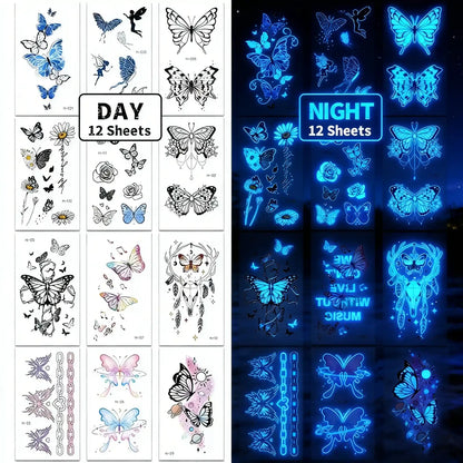 【Luminous Bloom Party】12 Sheets Glow Dark Floral Festival Tattoos