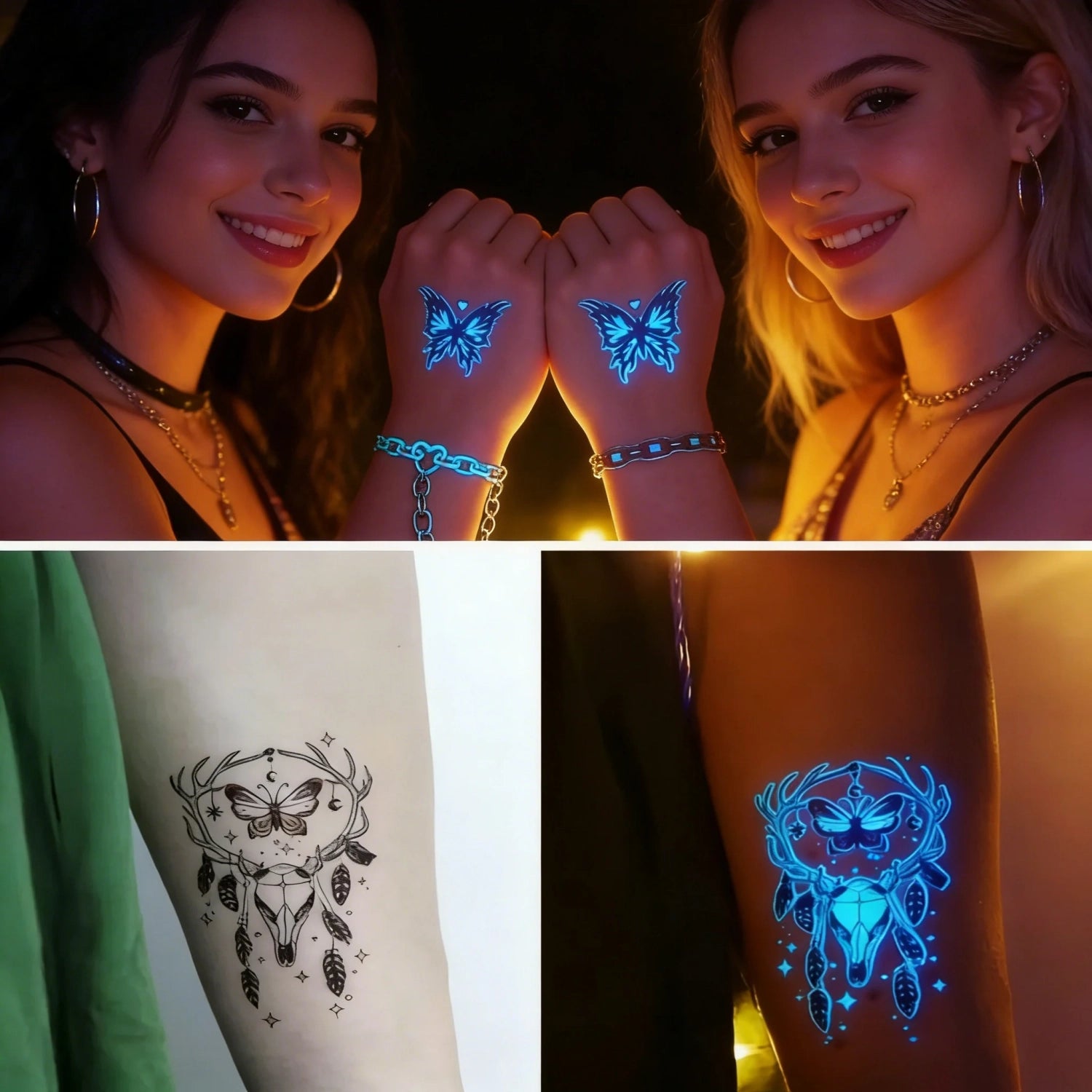 12 Sheets Glow-in-the-Dark Temporary Tattoos | Waterproof Butterfly & Floral Stickers for Festivals