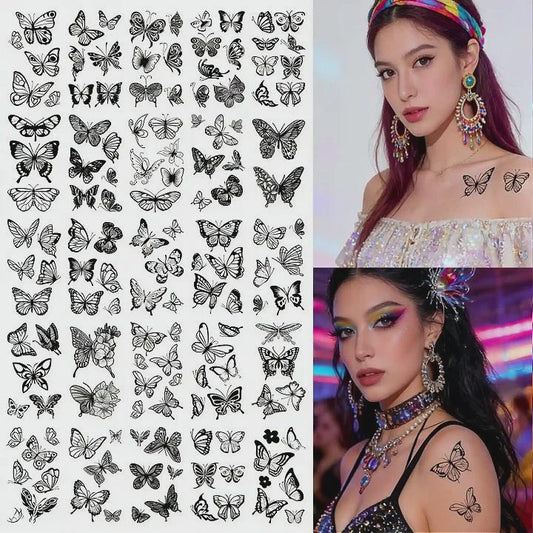 30 temporary tattoo stickers with 163 black butterfly designs